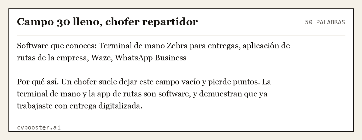 Ejemplo completo: Campo 30 lleno, chofer repartidor, 50 palabras