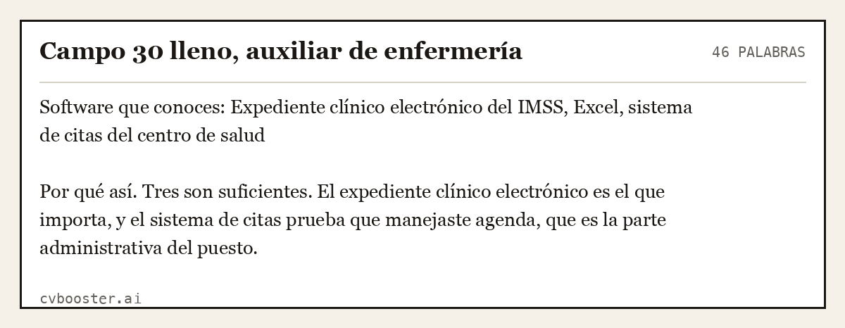 Ejemplo completo: Campo 30 lleno, auxiliar de enfermería, 46 palabras