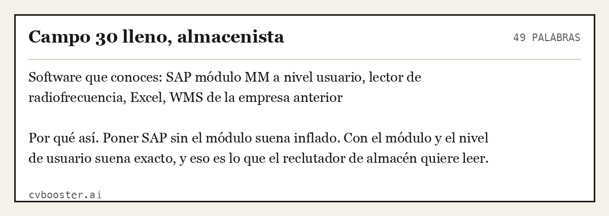 Ejemplo completo: Campo 30 lleno, almacenista, 49 palabras