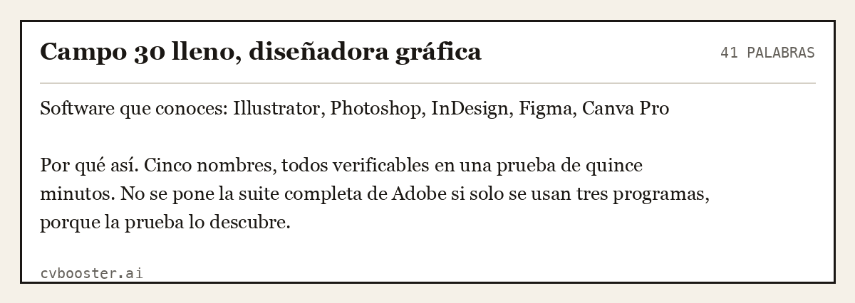 Ejemplo completo: Campo 30 lleno, diseñadora gráfica, 41 palabras