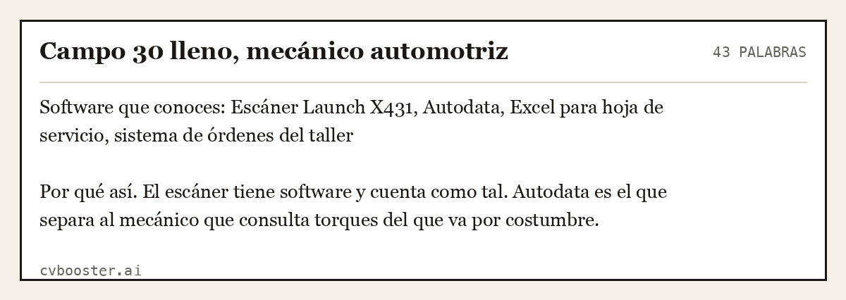 Ejemplo completo: Campo 30 lleno, mecánico automotriz, 43 palabras