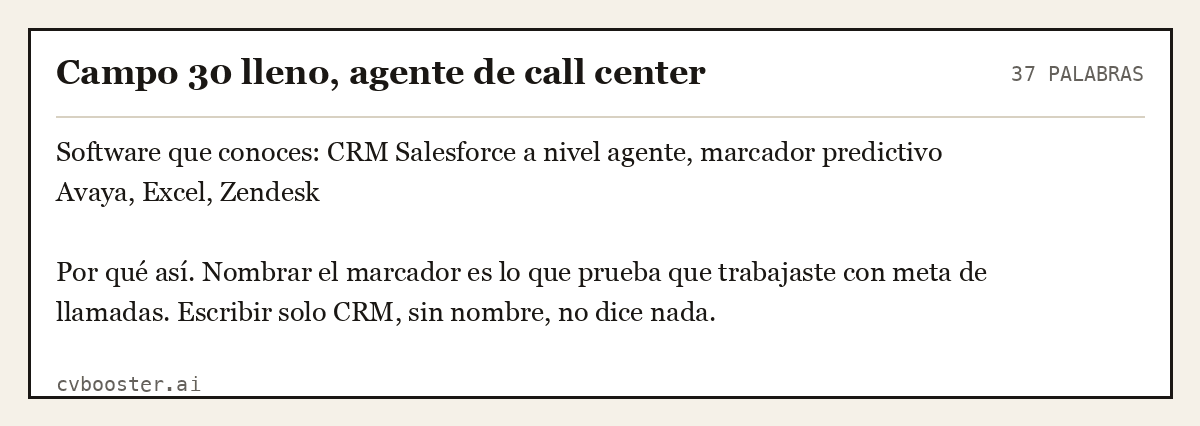 Ejemplo completo: Campo 30 lleno, agente de call center, 37 palabras
