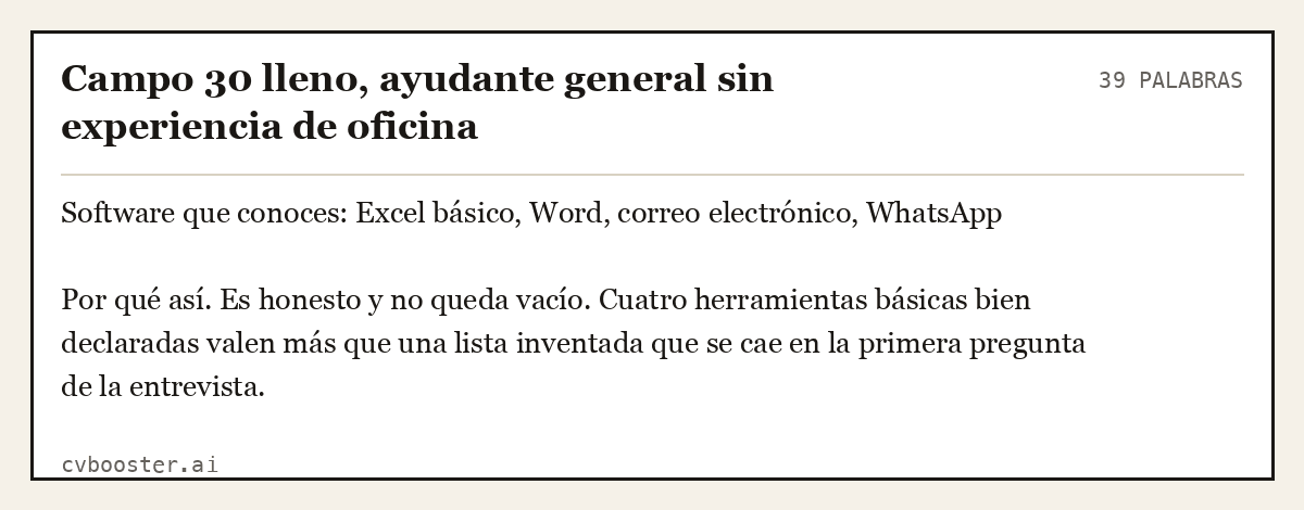 Ejemplo completo: Campo 30 lleno, ayudante general sin experiencia de oficina, 39 palabras