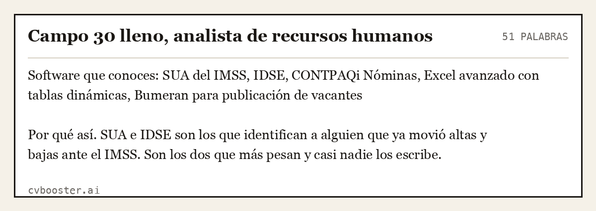 Ejemplo completo: Campo 30 lleno, analista de recursos humanos, 51 palabras