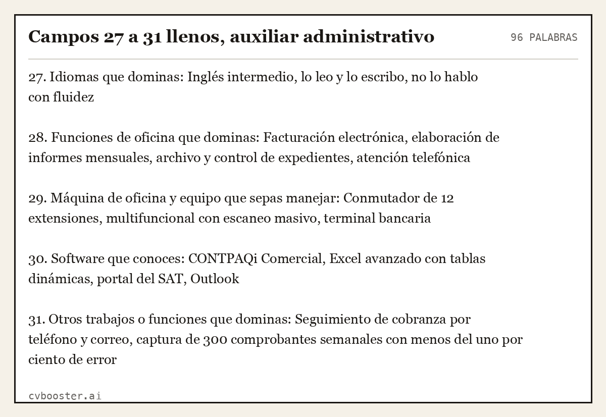 Ejemplo completo: Campos 27 a 31 llenos, auxiliar administrativo, 96 palabras