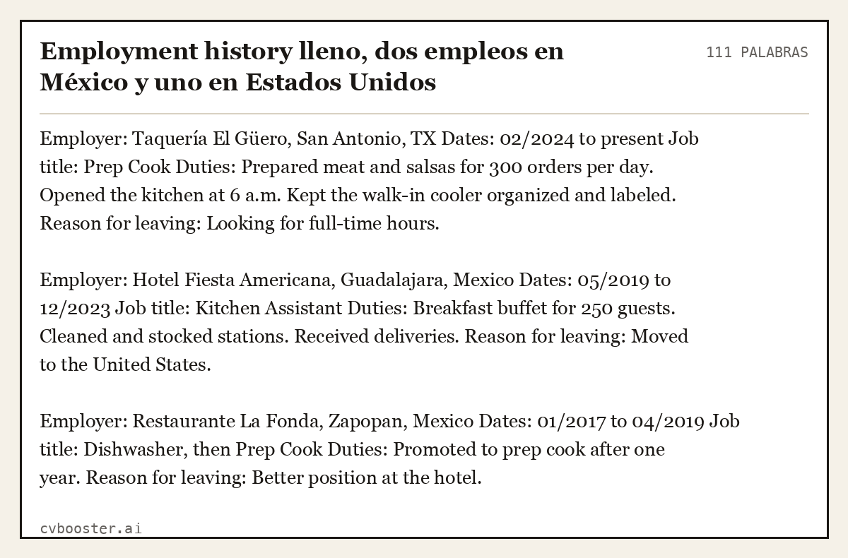 Ejemplo completo: Employment history lleno, dos empleos en México y uno en Estados Unidos, 111 palabras