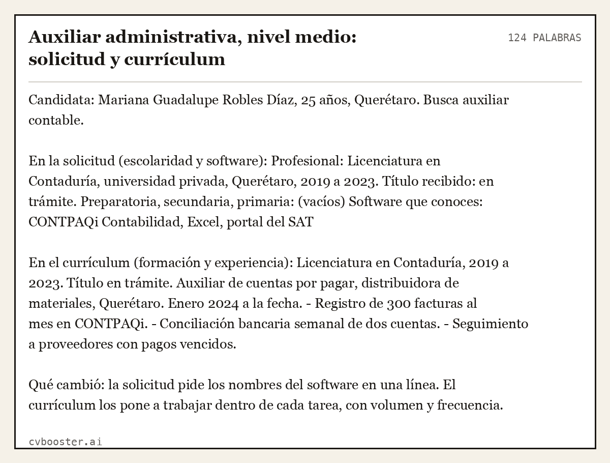 Ejemplo completo: Auxiliar administrativa, nivel medio: solicitud y currículum, 124 palabras