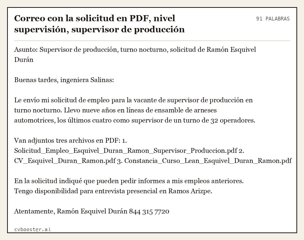 Ejemplo completo: Correo con la solicitud en PDF, nivel supervisión, supervisor de producción, 91 palabras
