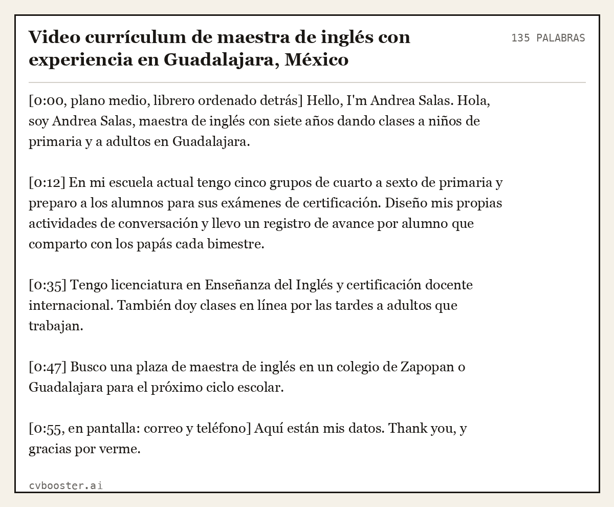 Ejemplo completo: Video currículum de maestra de inglés con experiencia en Guadalajara, México, 135 palabras