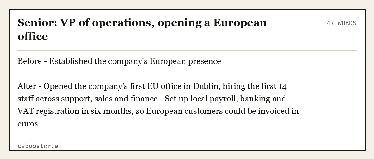 Senior: VP of operations, opening a European office, complete example, 47 words