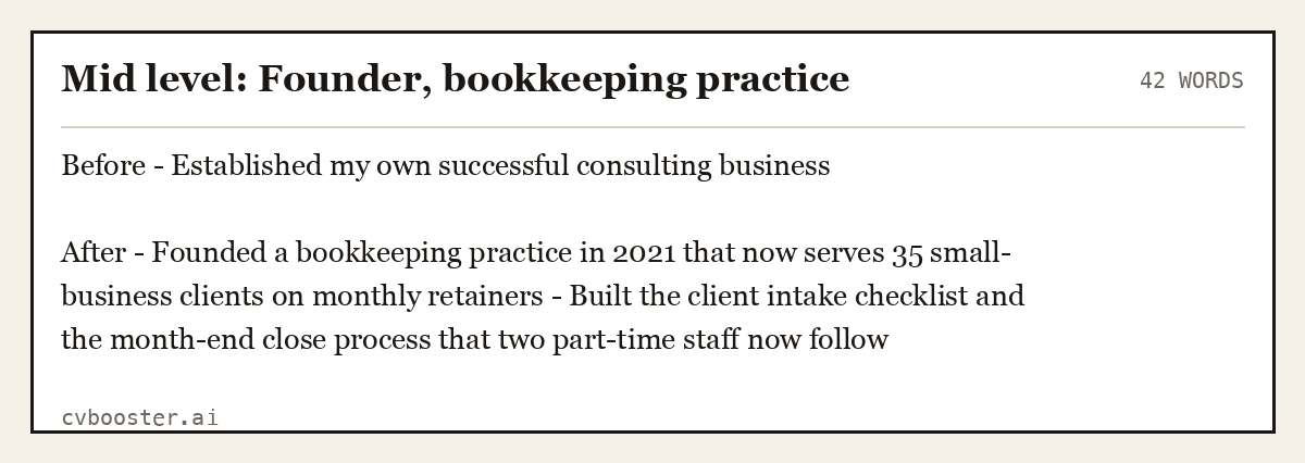 Complete Mid level: Founder, bookkeeping practice example, 42 words, laid out as it would sit in the application form