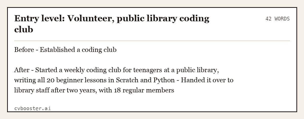 Entry level: Volunteer, public library coding club, complete example, 42 words