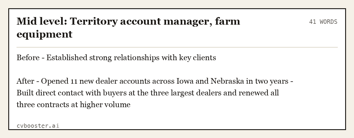 Mid level: Territory account manager, farm equipment, complete example, 41 words