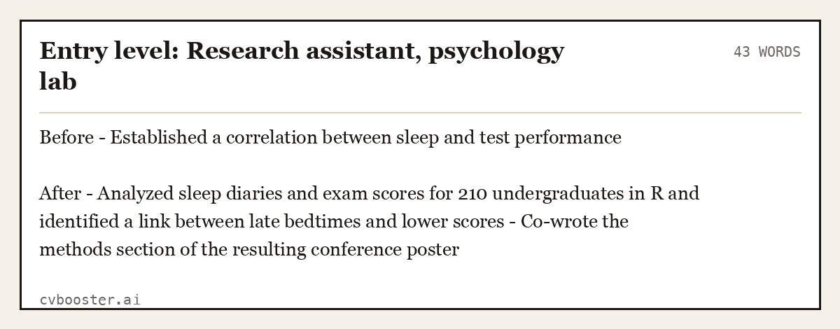 Complete Entry level: Research assistant, psychology lab example, 43 words, laid out as it would sit in the application form