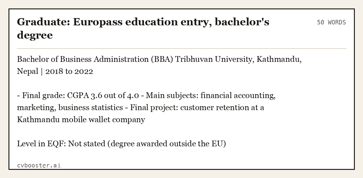 Graduate: Europass education entry, bachelor's degree, complete example, 50 words