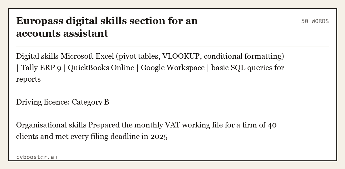 Europass digital skills section for an accounts assistant, complete example, 50 words