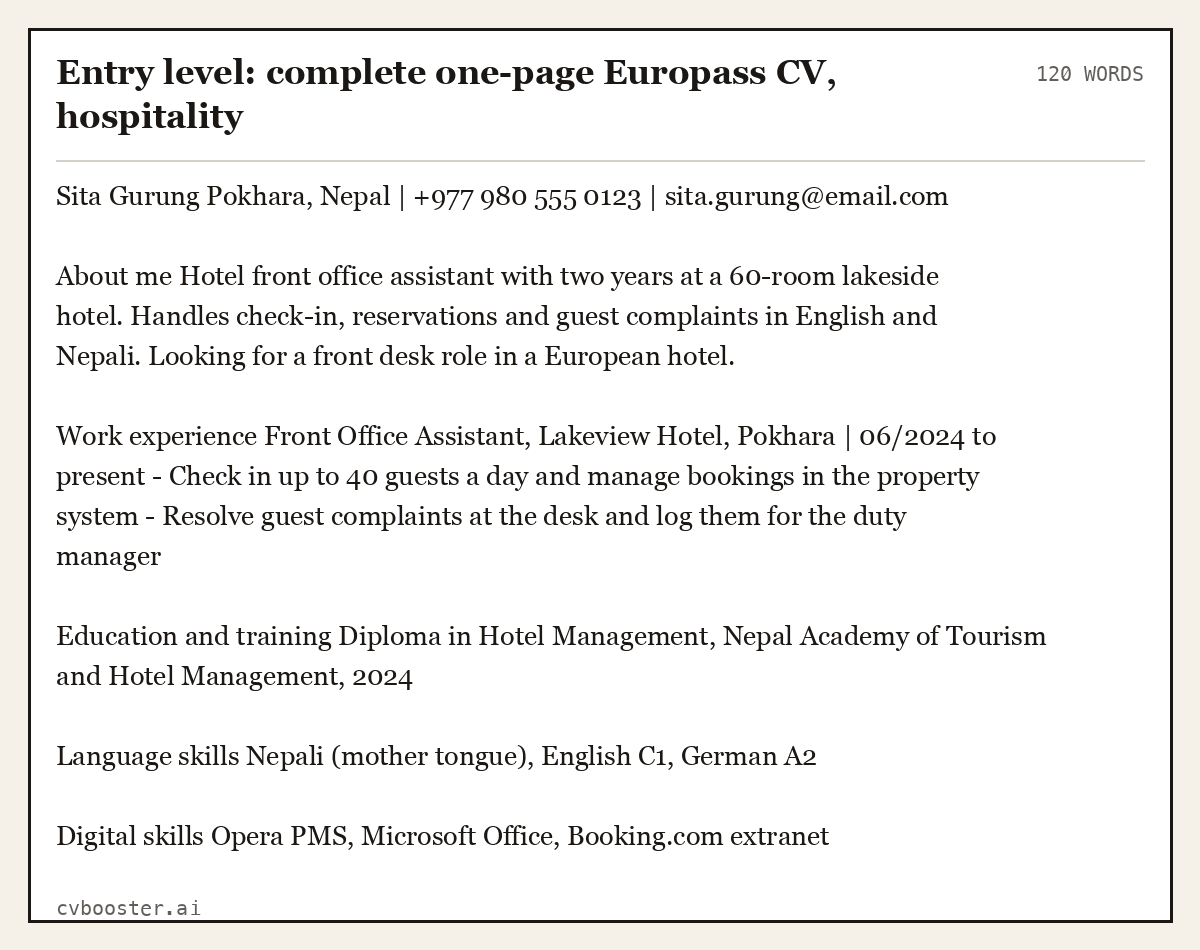 Entry level: complete one-page Europass CV, hospitality, complete example, 120 words