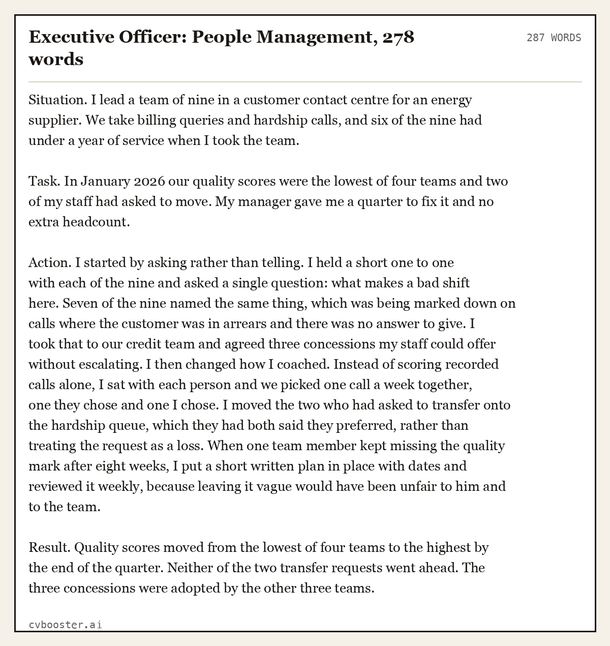 Complete Executive Officer: People Management example, 287 words, laid out as it would sit in the application form