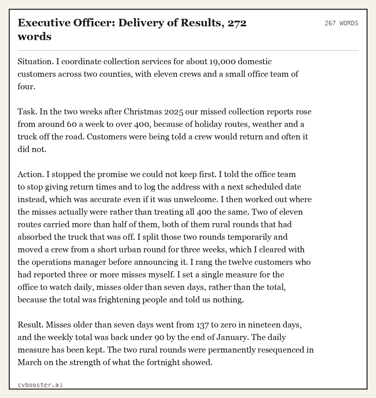 Complete Executive Officer: Delivery of Results example, 267 words, laid out as it would sit in the application form