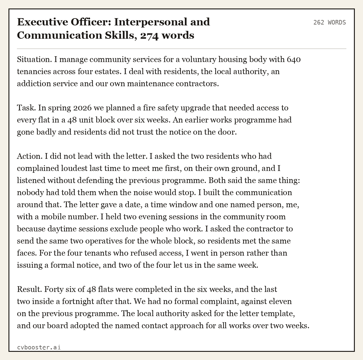 Complete Executive Officer: Interpersonal and Communication Skills example, 262 words, laid out as it would sit in the application form