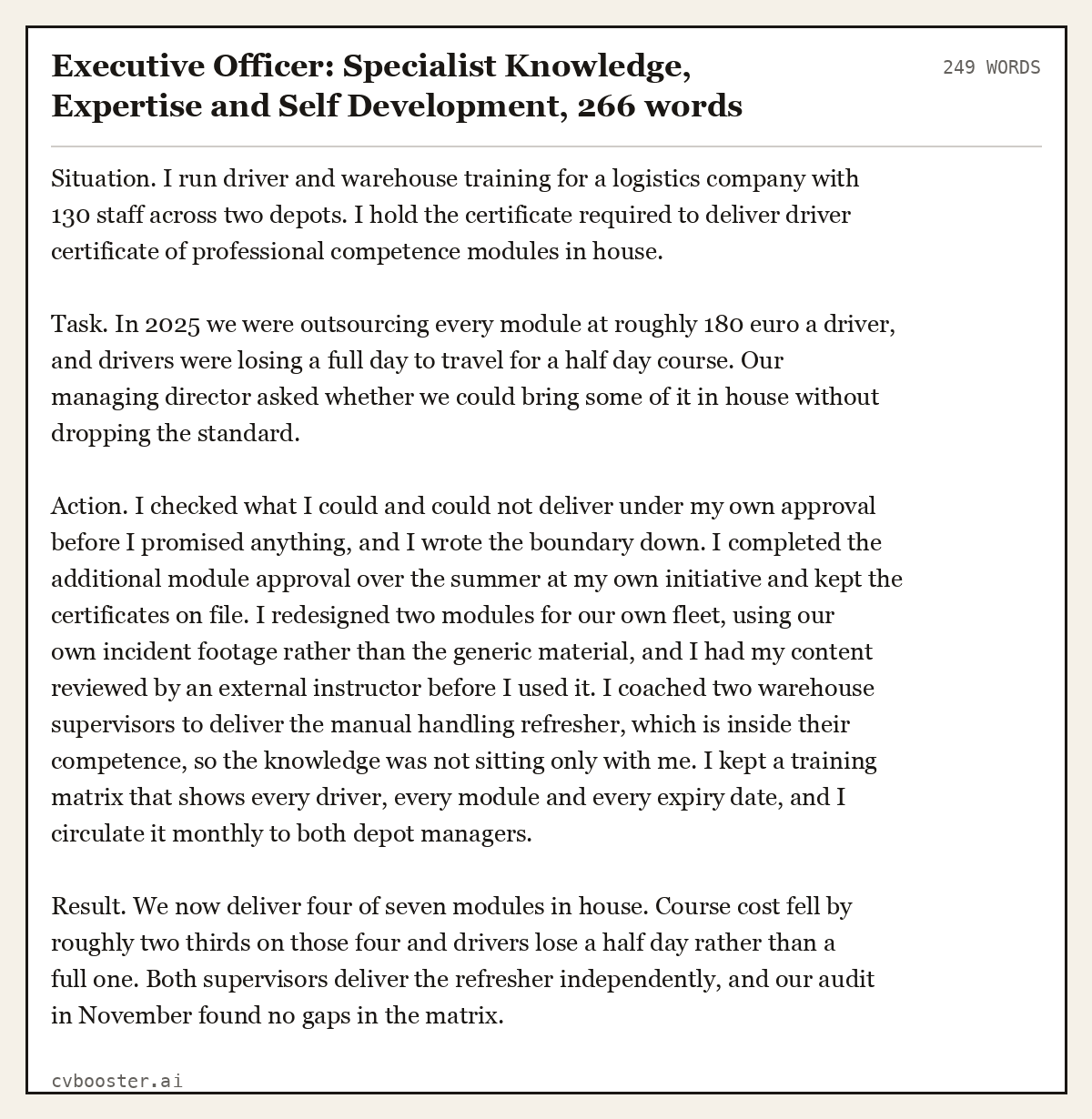 Complete Executive Officer: Specialist Knowledge, Expertise and Self Development example, 249 words, laid out as it would sit in the application form