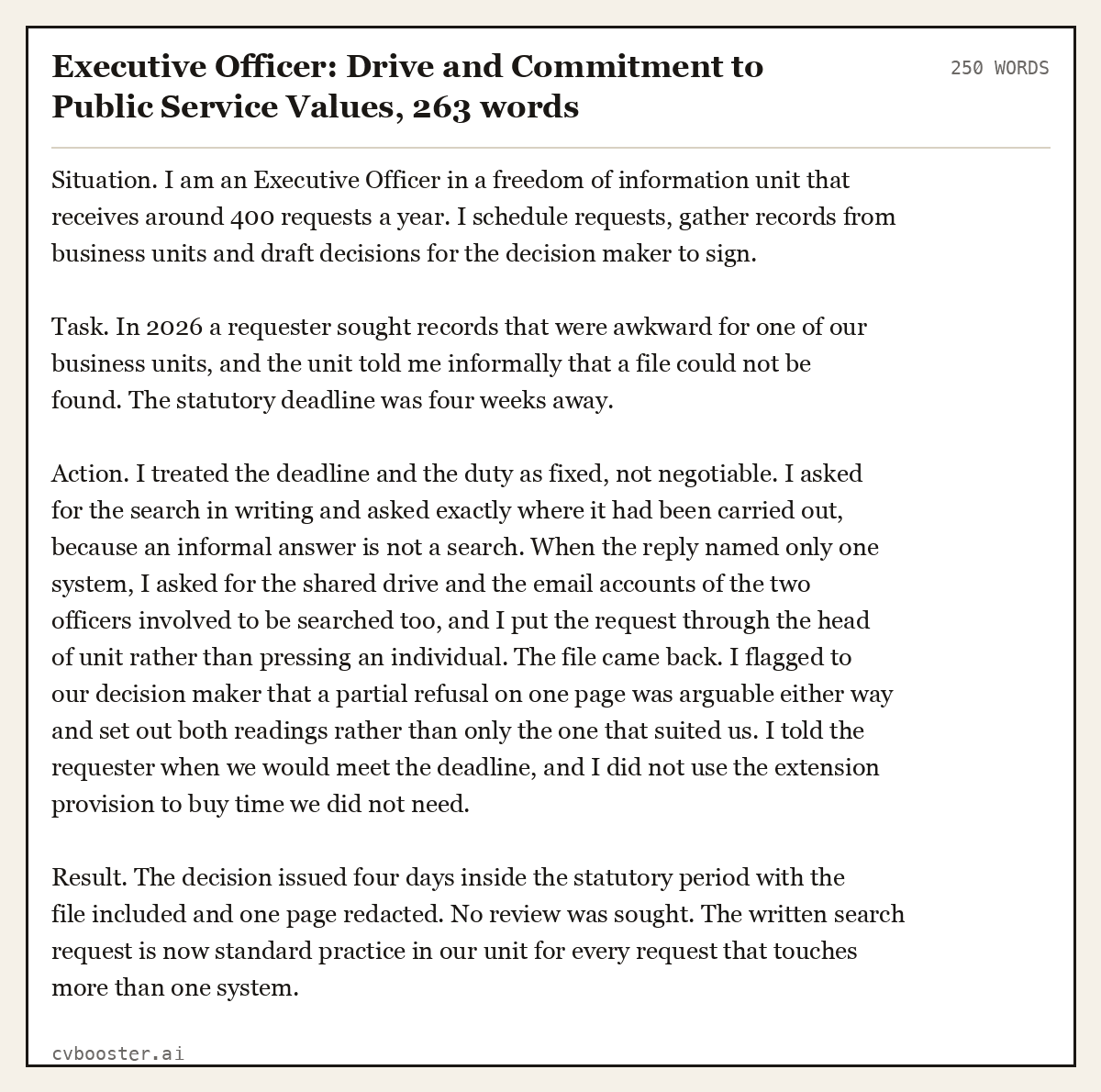 Complete Executive Officer: Drive and Commitment to Public Service Values example, 250 words, laid out as it would sit in the application form