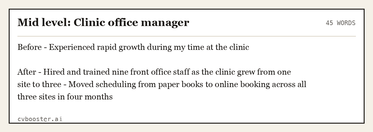 Complete Mid level: Clinic office manager example, 45 words, laid out as it would sit in the application form