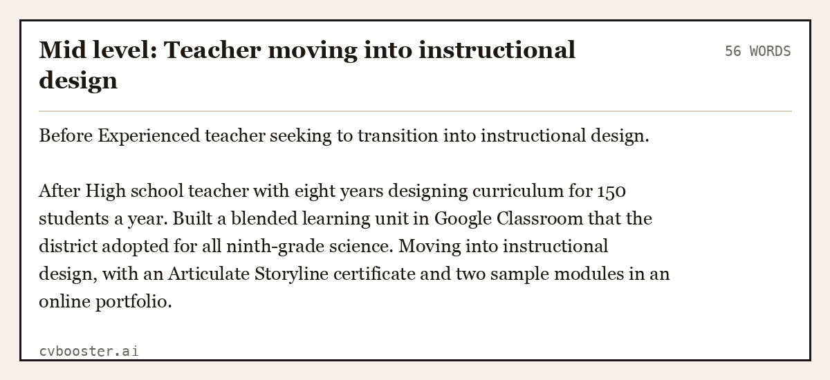 Mid level: Teacher moving into instructional design, complete example, 56 words
