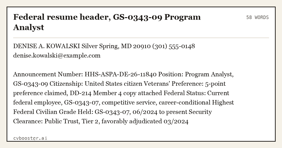 Complete Federal resume header, GS-0343-09 Program Analyst example, 58 words, laid out as it would sit in the application form