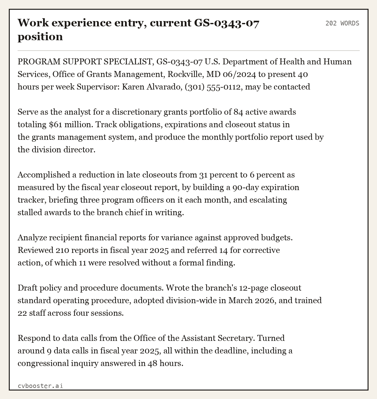 Complete Work experience entry, current GS-0343-07 position example, 202 words, laid out as it would sit in the application form
