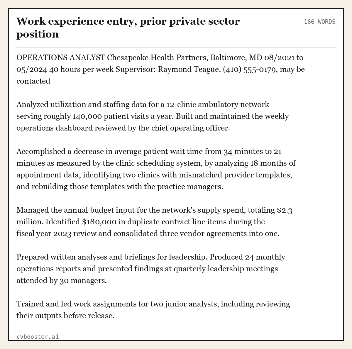 Complete Work experience entry, prior private sector position example, 166 words, laid out as it would sit in the application form