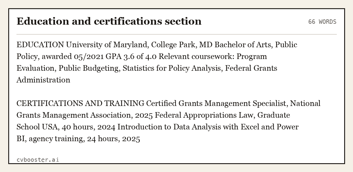 Complete Education and certifications section example, 66 words, laid out as it would sit in the application form