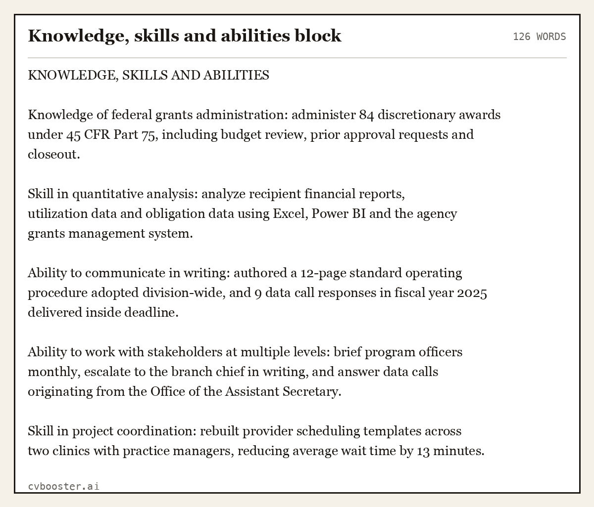 Complete Knowledge, skills and abilities block example, 126 words, laid out as it would sit in the application form
