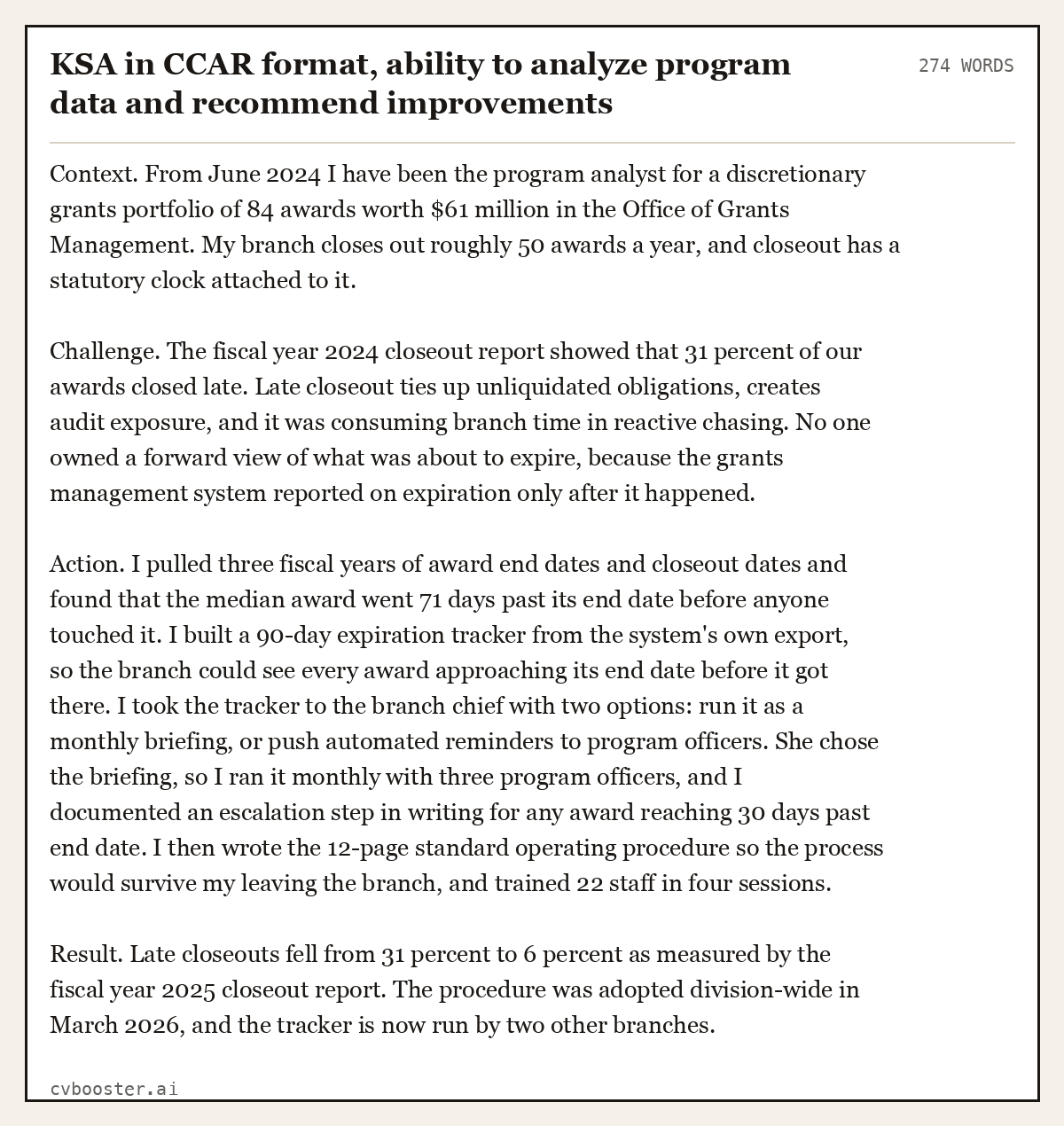 Complete KSA in CCAR format, ability to analyze program data and recommend improvements example, 274 words, laid out as it would sit in the application form