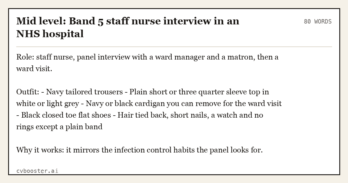 Complete Mid level: Band 5 staff nurse interview in an NHS hospital example, 80 words, laid out as it would sit in the application form