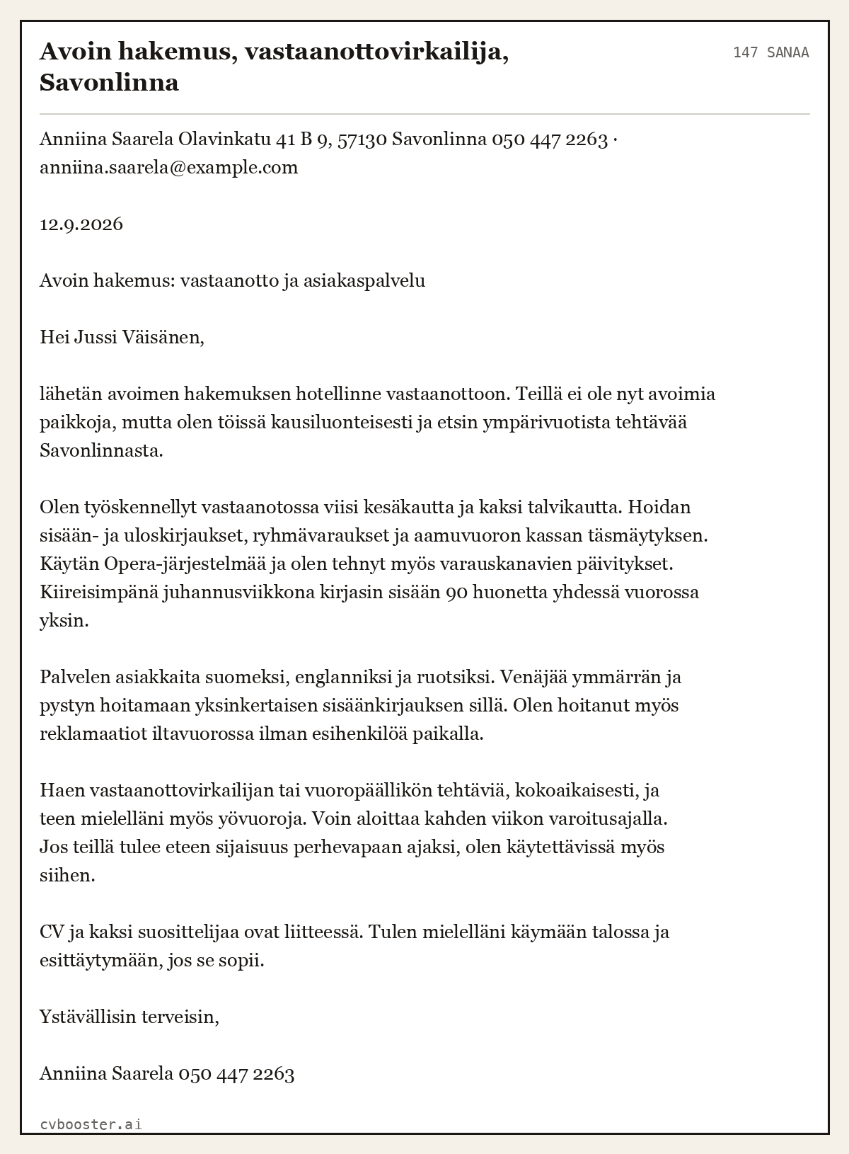 Valmis esimerkki: Avoin hakemus, vastaanottovirkailija, Savonlinna, 147 sanaa