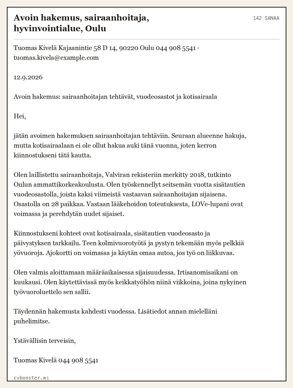 Valmis esimerkki: Avoin hakemus, sairaanhoitaja, hyvinvointialue, Oulu, 142 sanaa