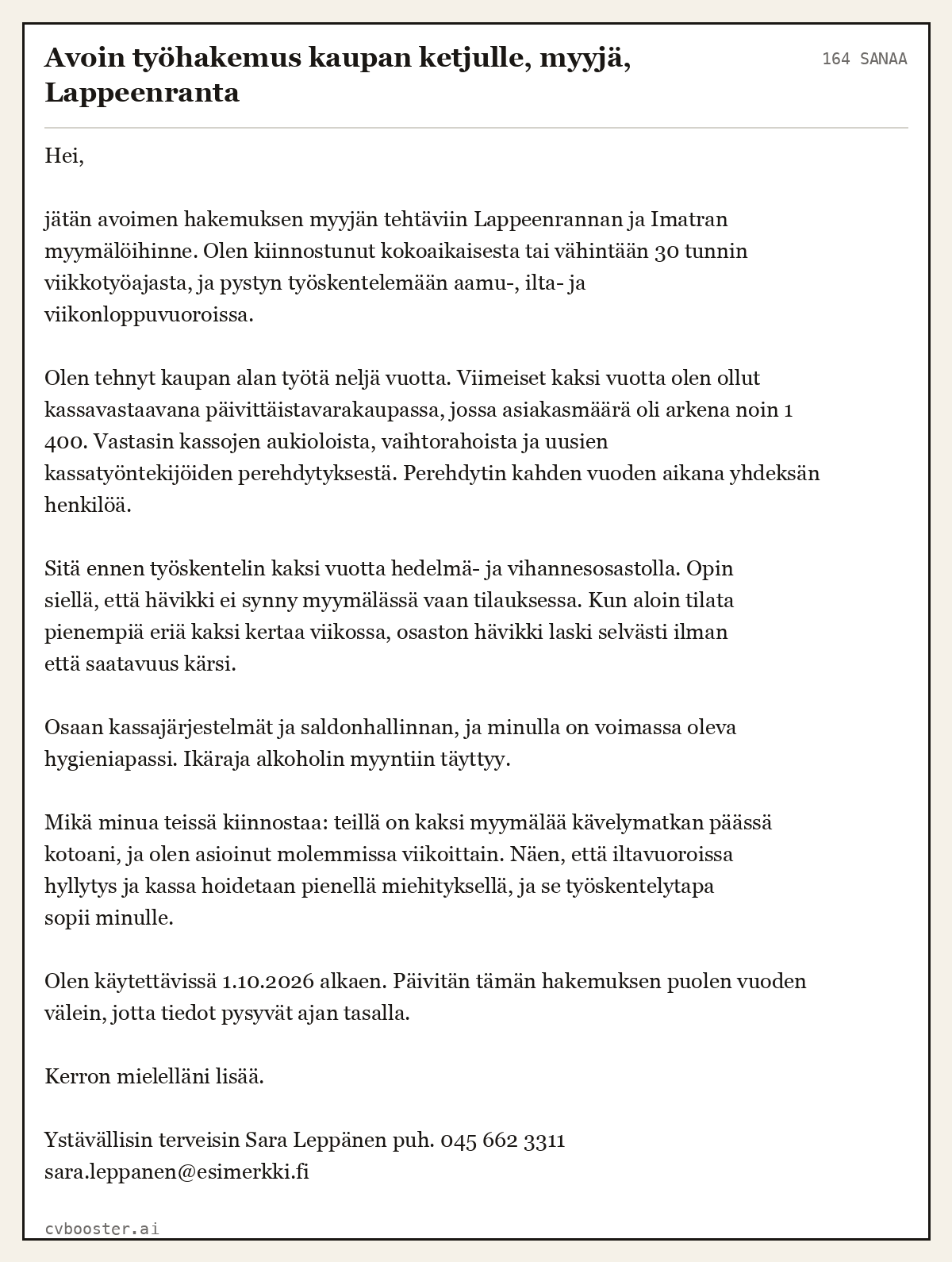Valmis esimerkki: Avoin työhakemus kaupan ketjulle, myyjä, Lappeenranta, 164 sanaa