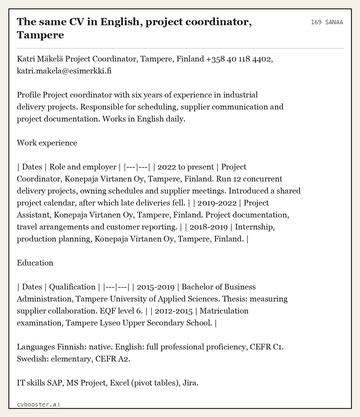 Valmis esimerkki: The same CV in English, project coordinator, Tampere, 169 sanaa
