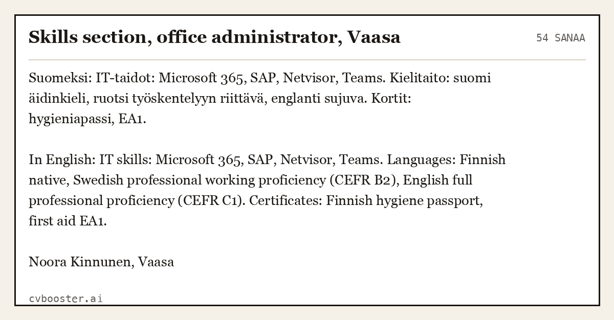 Valmis esimerkki: Skills section, office administrator, Vaasa, 54 sanaa