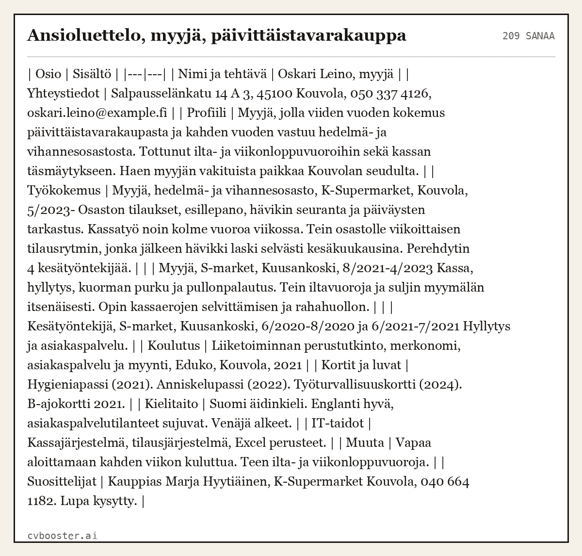 Valmis esimerkki: Ansioluettelo, myyjä, päivittäistavarakauppa, 209 sanaa