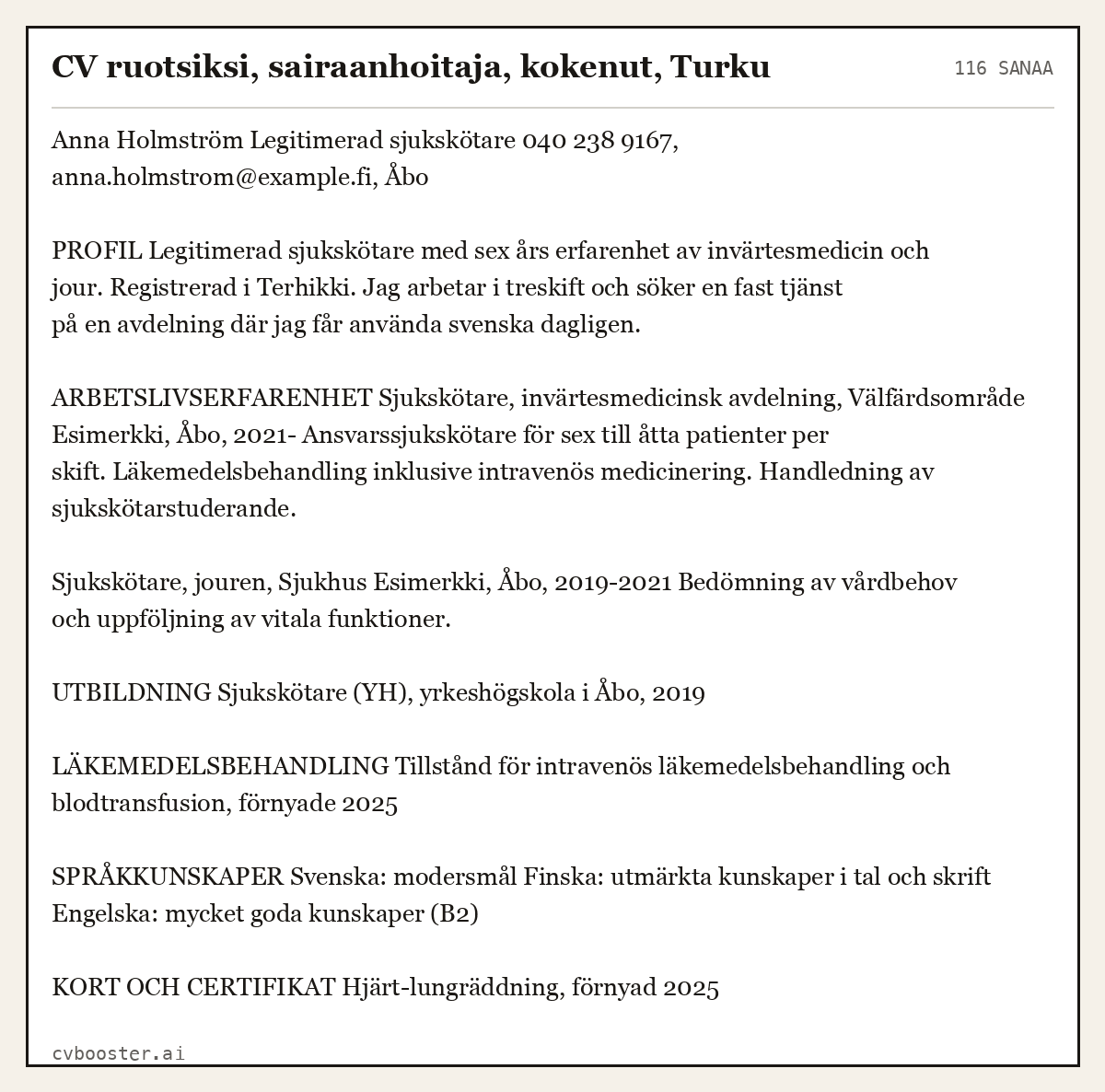 Valmis esimerkki: CV ruotsiksi, sairaanhoitaja, kokenut, Turku, 116 sanaa