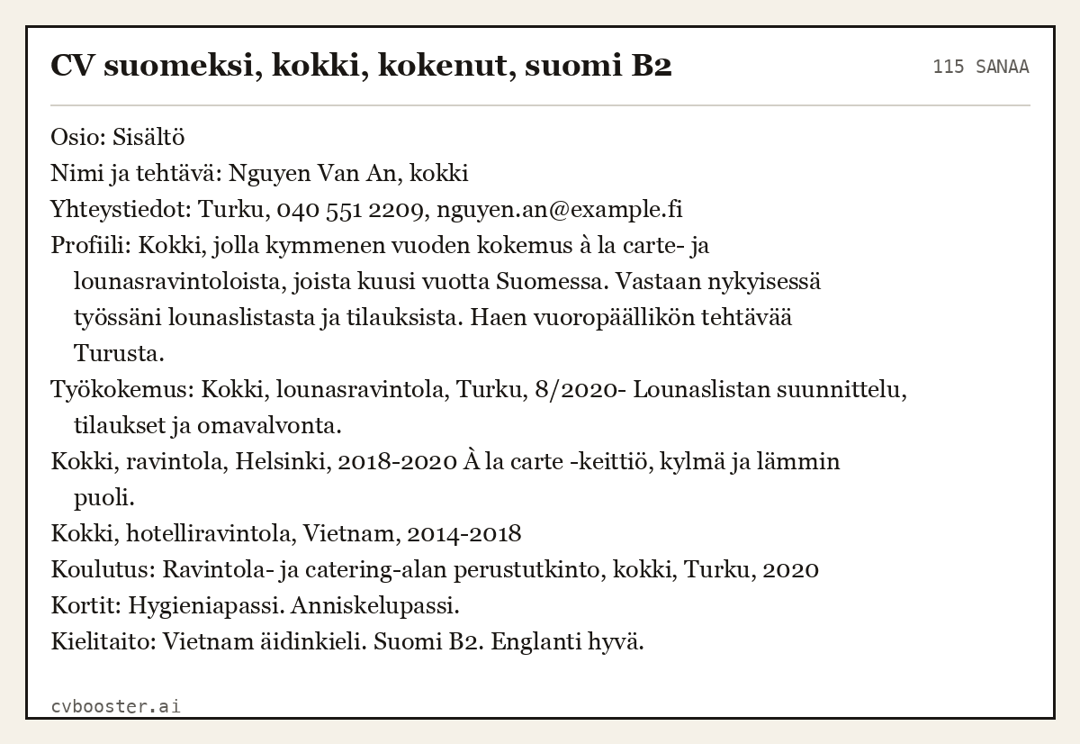 Valmis esimerkki: CV suomeksi, kokki, kokenut, suomi B2, 115 sanaa