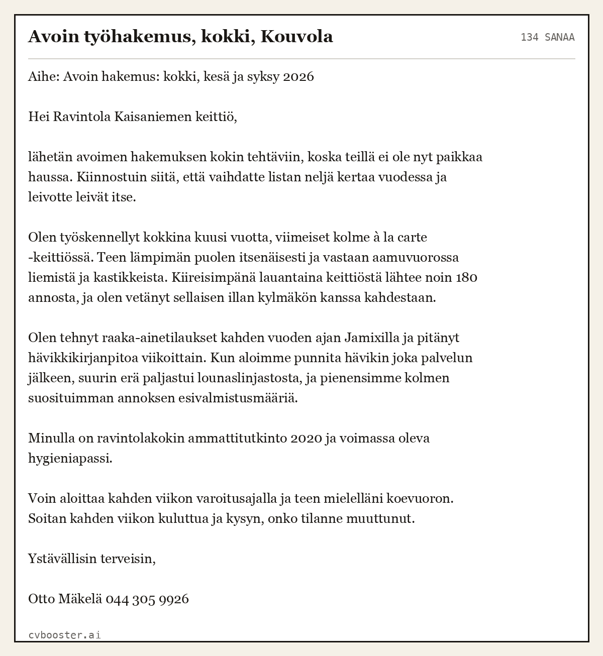 Valmis esimerkki: Avoin työhakemus, kokki, Kouvola, 134 sanaa
