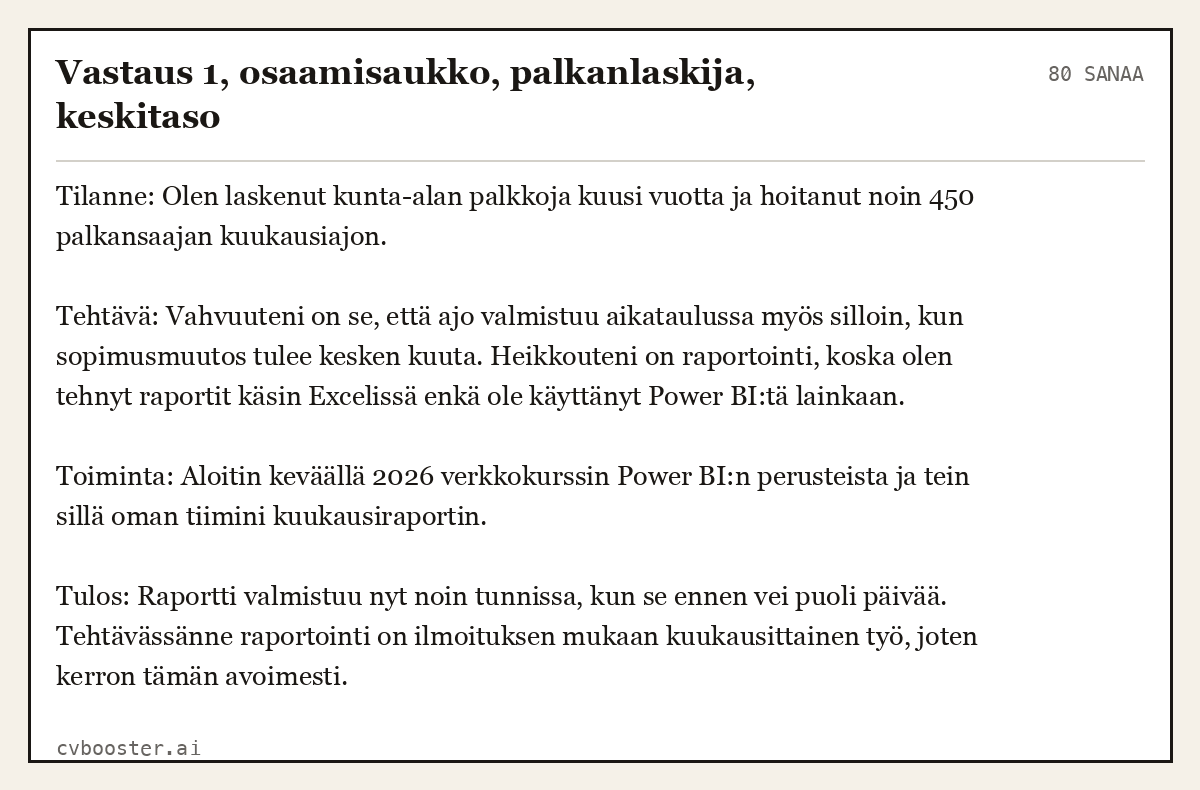 Valmis esimerkki: Vastaus 1, osaamisaukko, palkanlaskija, keskitaso, 80 sanaa