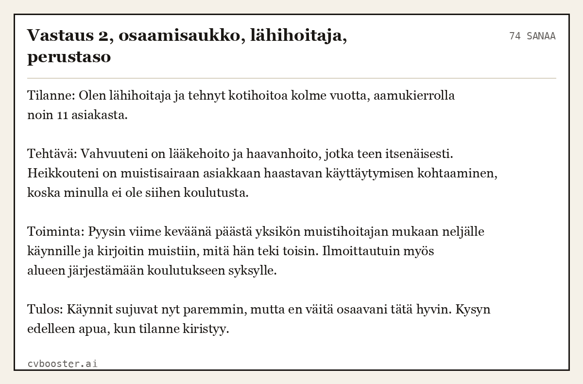 Valmis esimerkki: Vastaus 2, osaamisaukko, lähihoitaja, perustaso, 74 sanaa