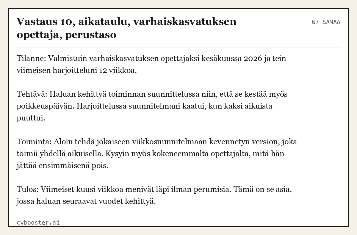 Valmis esimerkki: Vastaus 10, aikataulu, varhaiskasvatuksen opettaja, perustaso, 67 sanaa