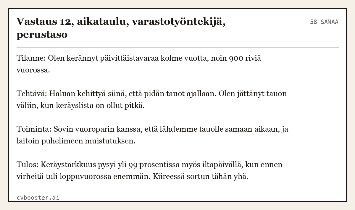 Valmis esimerkki: Vastaus 12, aikataulu, varastotyöntekijä, perustaso, 58 sanaa