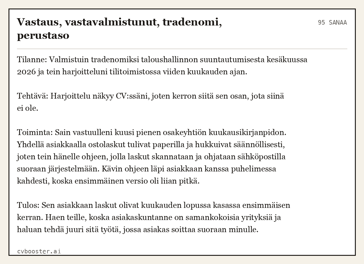 Valmis esimerkki: Vastaus, vastavalmistunut, tradenomi, perustaso, 95 sanaa