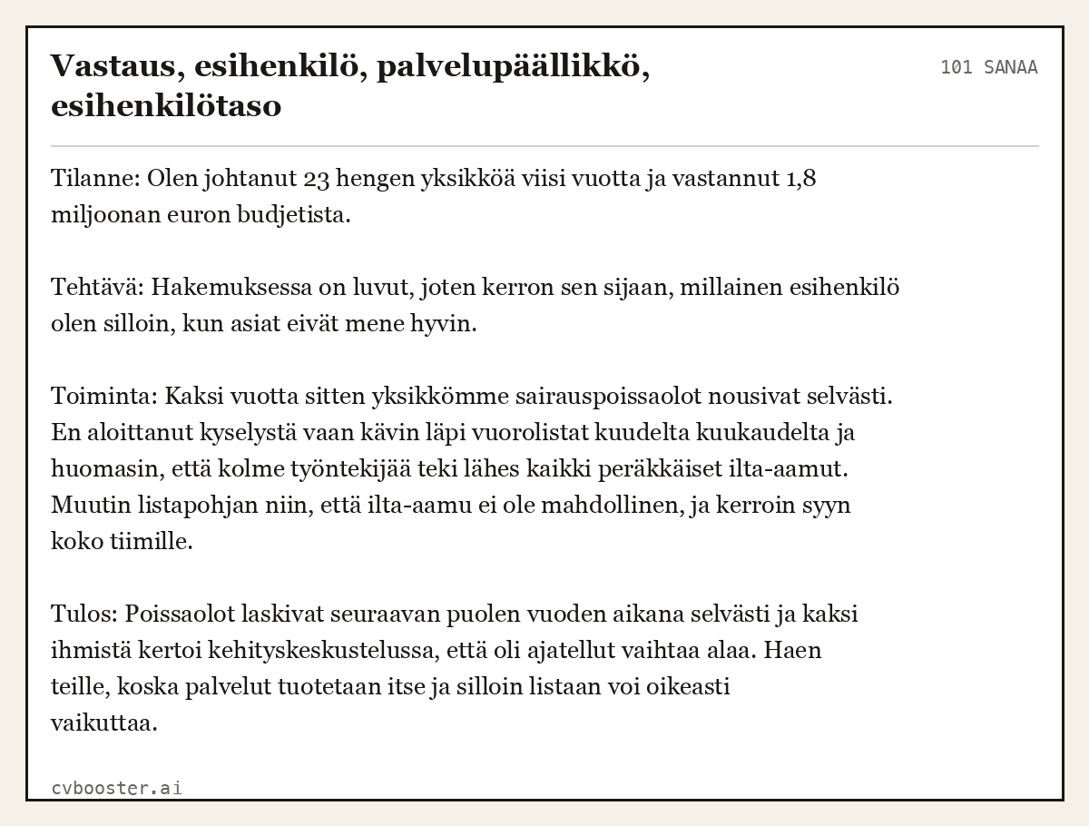 Valmis esimerkki: Vastaus, esihenkilö, palvelupäällikkö, esihenkilötaso, 101 sanaa